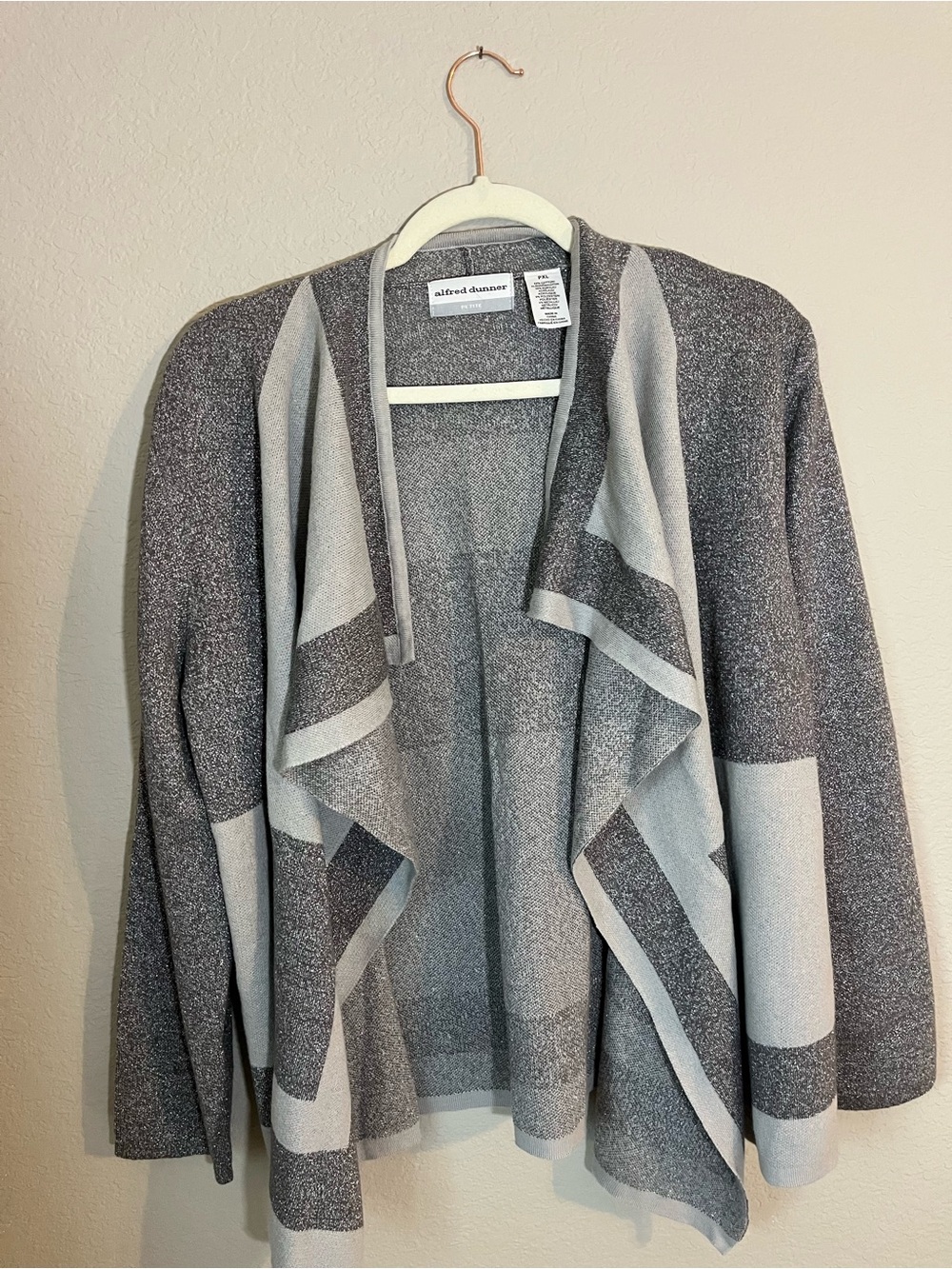 Alfred Dunner Petite Gray Metallic Colorblock Open Cardigan Sweater PXL